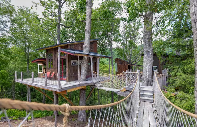 Hanging bridge access to a treehouse in Fletcher, North Carolina.
