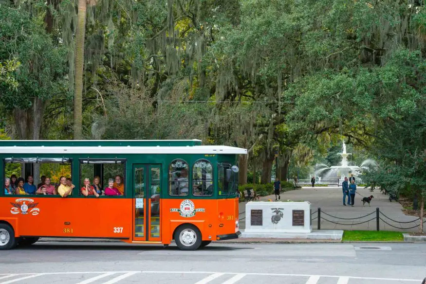 Savannah Trolley tour on tree-lined Savannah street