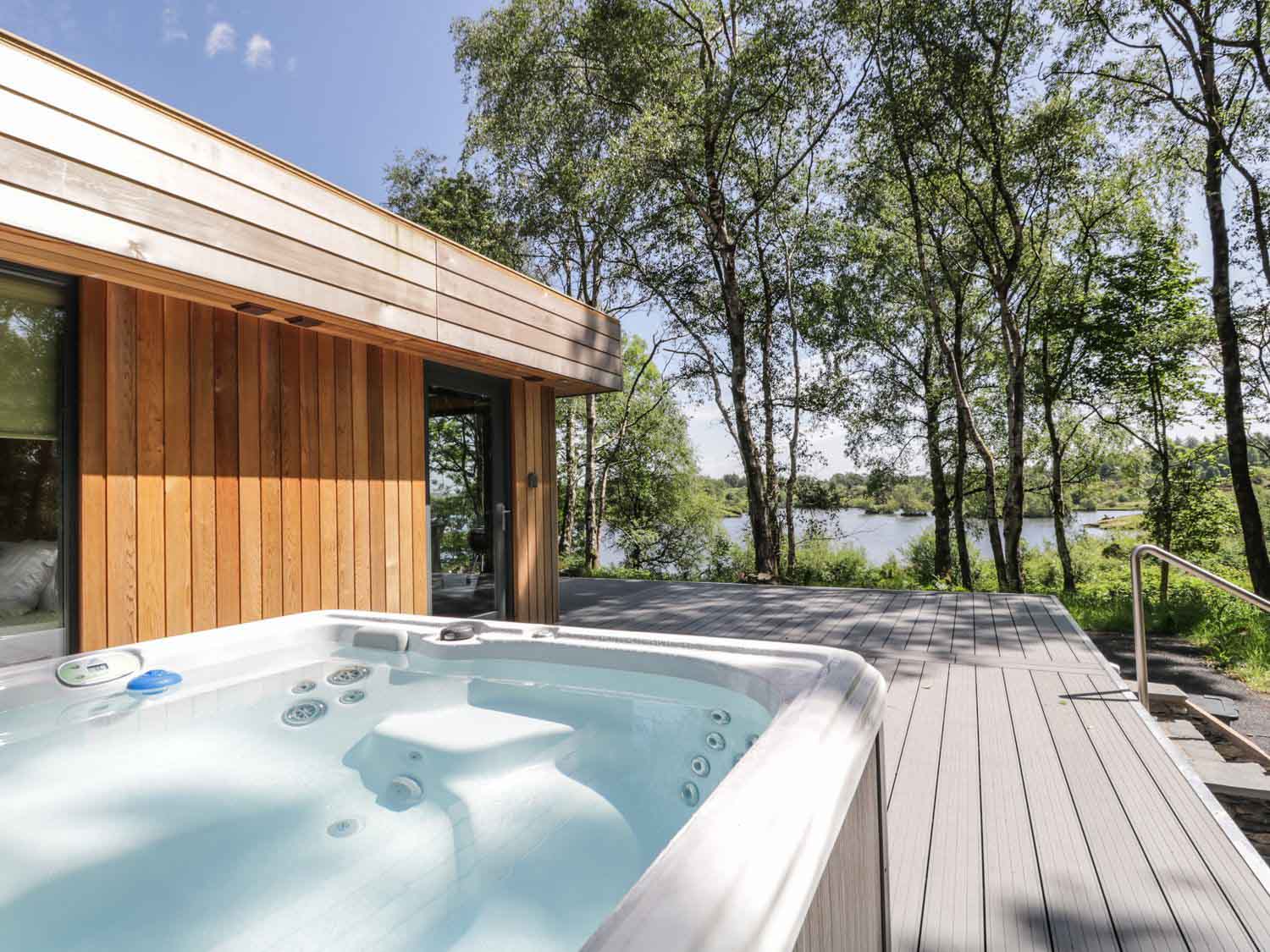 Hut tub on log cabin deck in Lake District