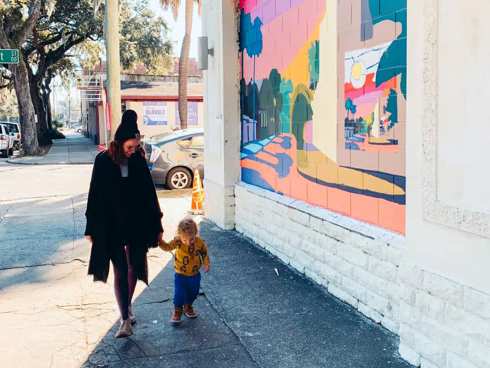 Victoria and Otis walking around the Starland District in Savannah