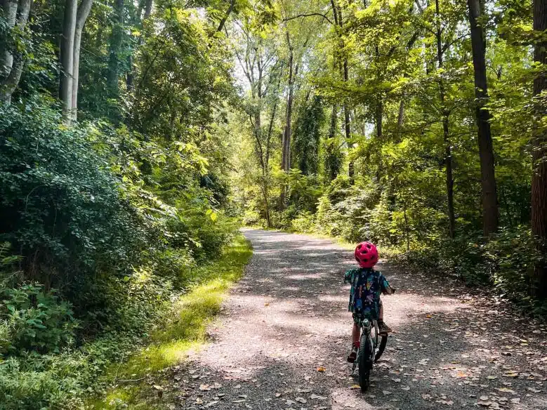 a kid riding a bike in Arnold Arboretum, Boston