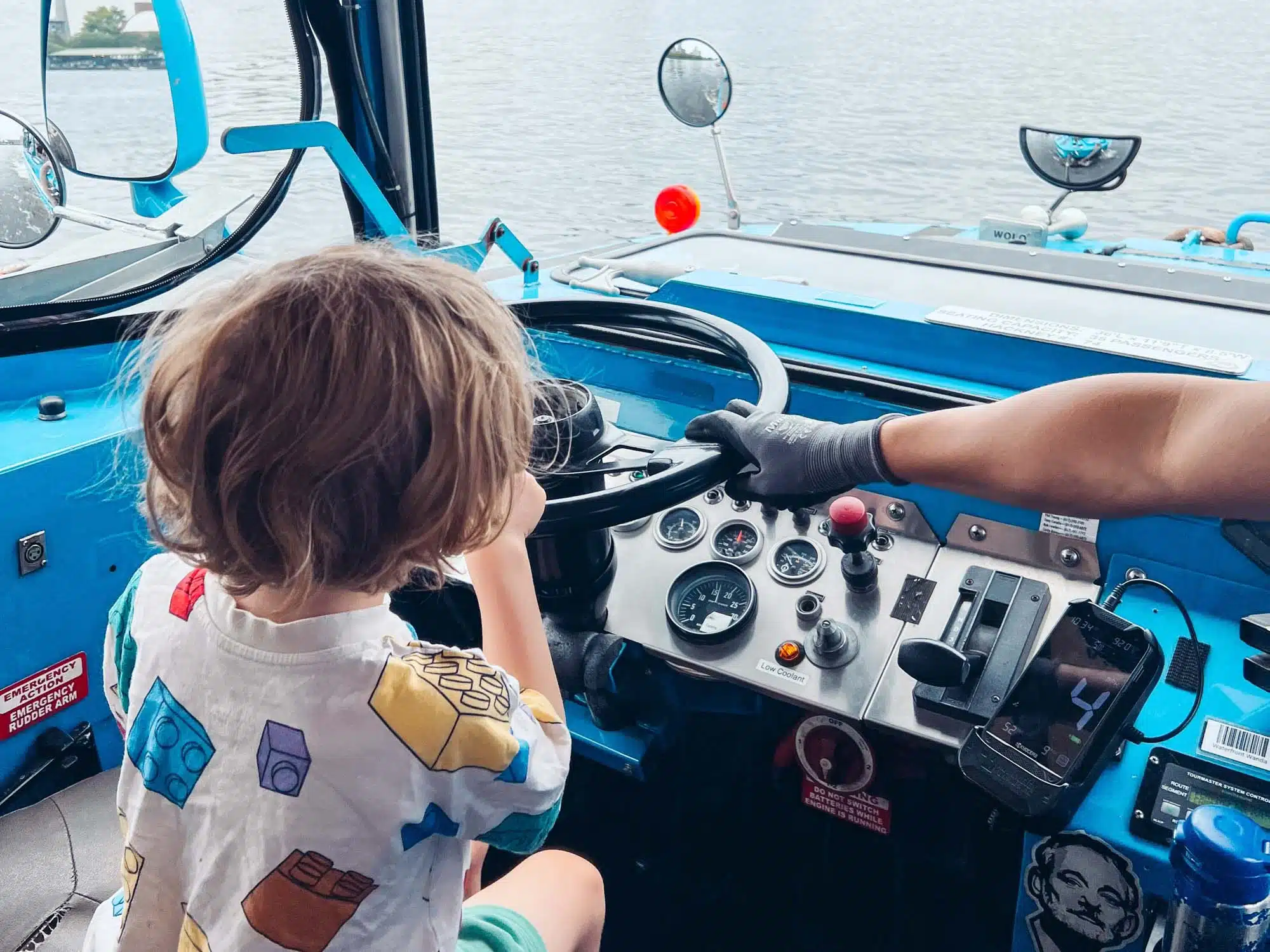 Pretending to drive the duck boat in Boston