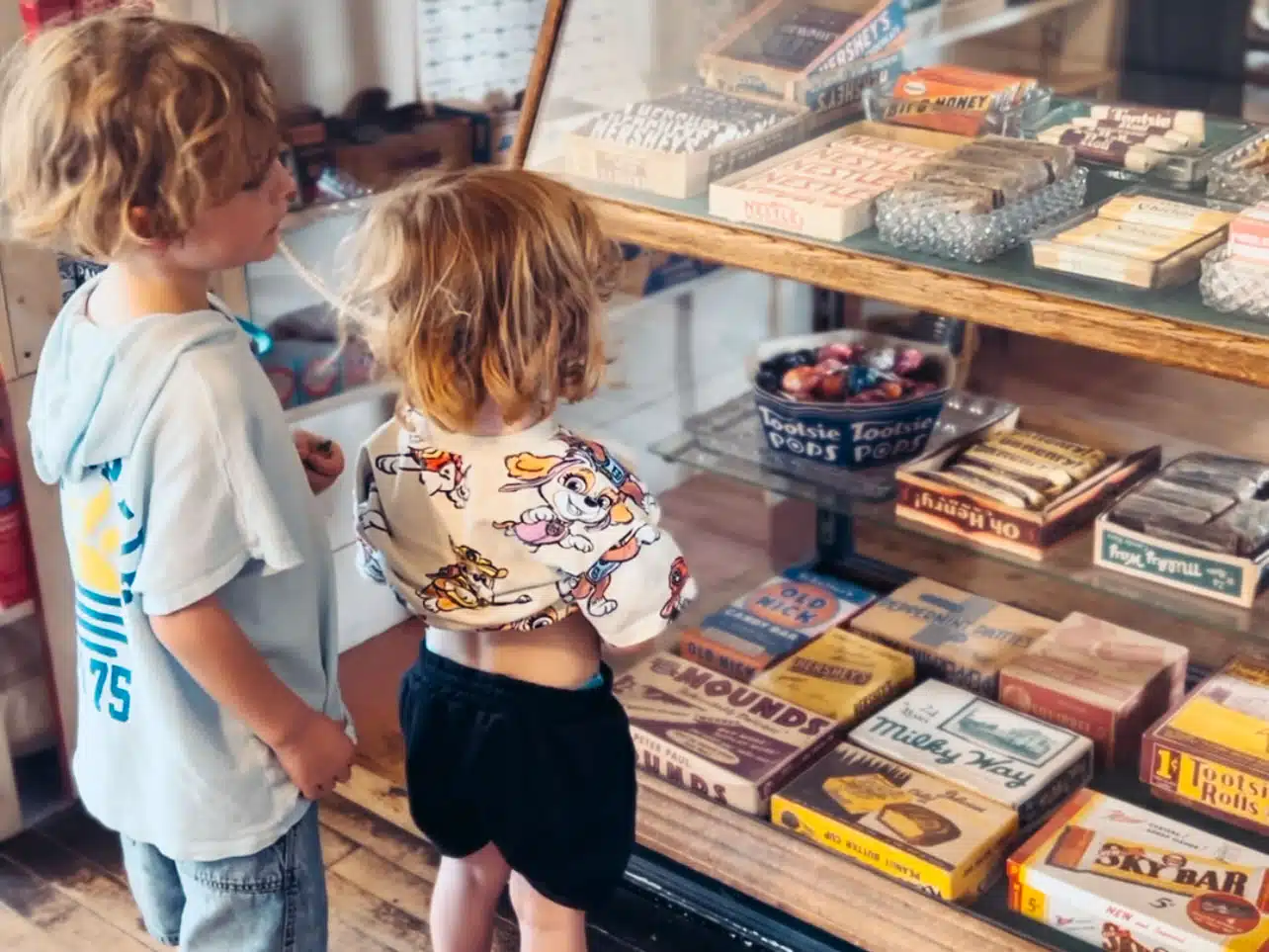 Otis and Arlo in the old-fashioned sweets shop at Strawberry Banke Museum
