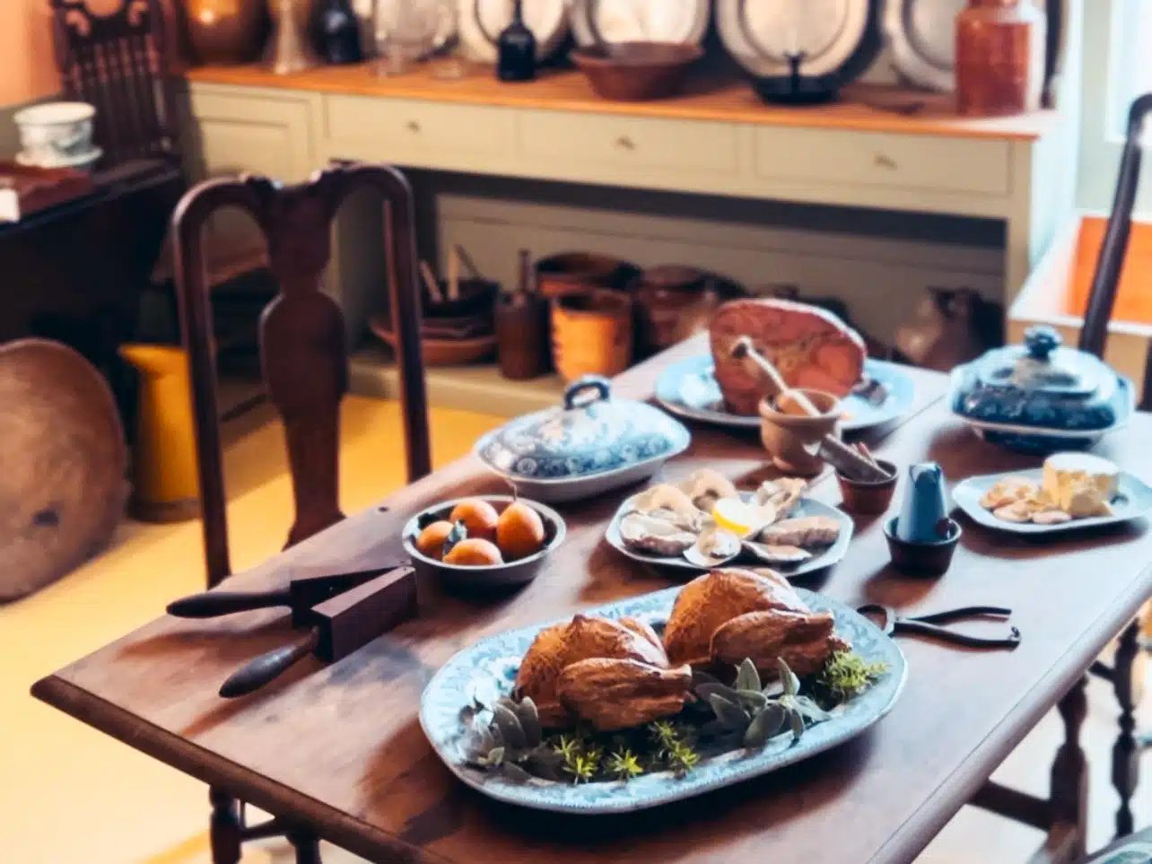 Close up photo of a meal on a wooden table at Strawberry Banke Museum