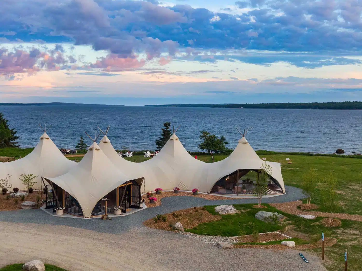 A view of Under Canvas Acadia at sunset