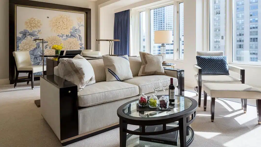 Hotel room at The Peninsula Hotel Chicago.