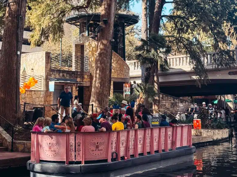 Pink boat on San Antonio River Walk