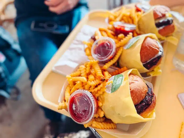 Vegetarian burgers and fries from Pool Burger in Austin, Texas.