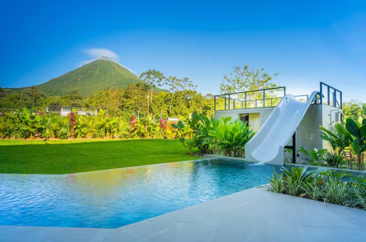 Pool with slide at luxury volcano villa in San Carlos, Costa Rica.