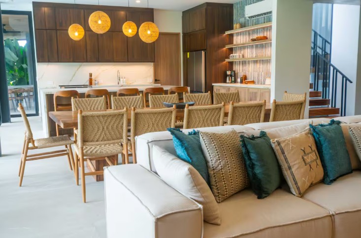 Living room and dining area at luxury volcano villa in San Carlos, Costa Rica.